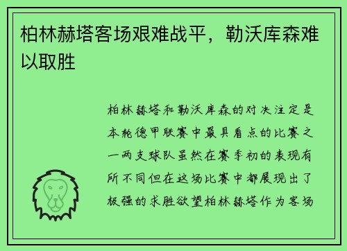 柏林赫塔客场艰难战平，勒沃库森难以取胜