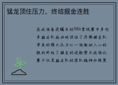 猛龙顶住压力，终结掘金连胜